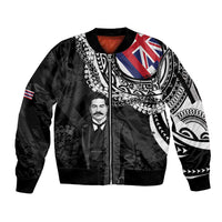 Personalised Hawaii Prince Kuhio Sleeve Zip Bomber Jacket Hawaiian Maile Lei LT05 Unisex Black - Polynesian Pride