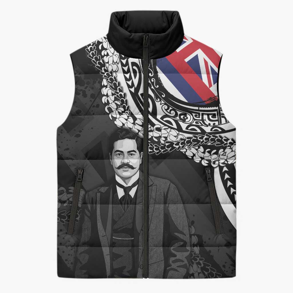 Personalised Hawaii Prince Kuhio Sleeveless Puffer Jacket Hawaiian Maile Lei LT05 Unisex Black - Polynesian Pride