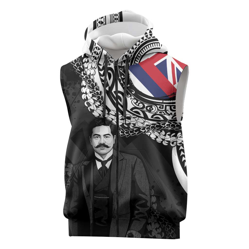 Personalised Hawaii Prince Kuhio Sleeveless Zip Hoodie Hawaiian Maile Lei LT05 Black - Polynesian Pride