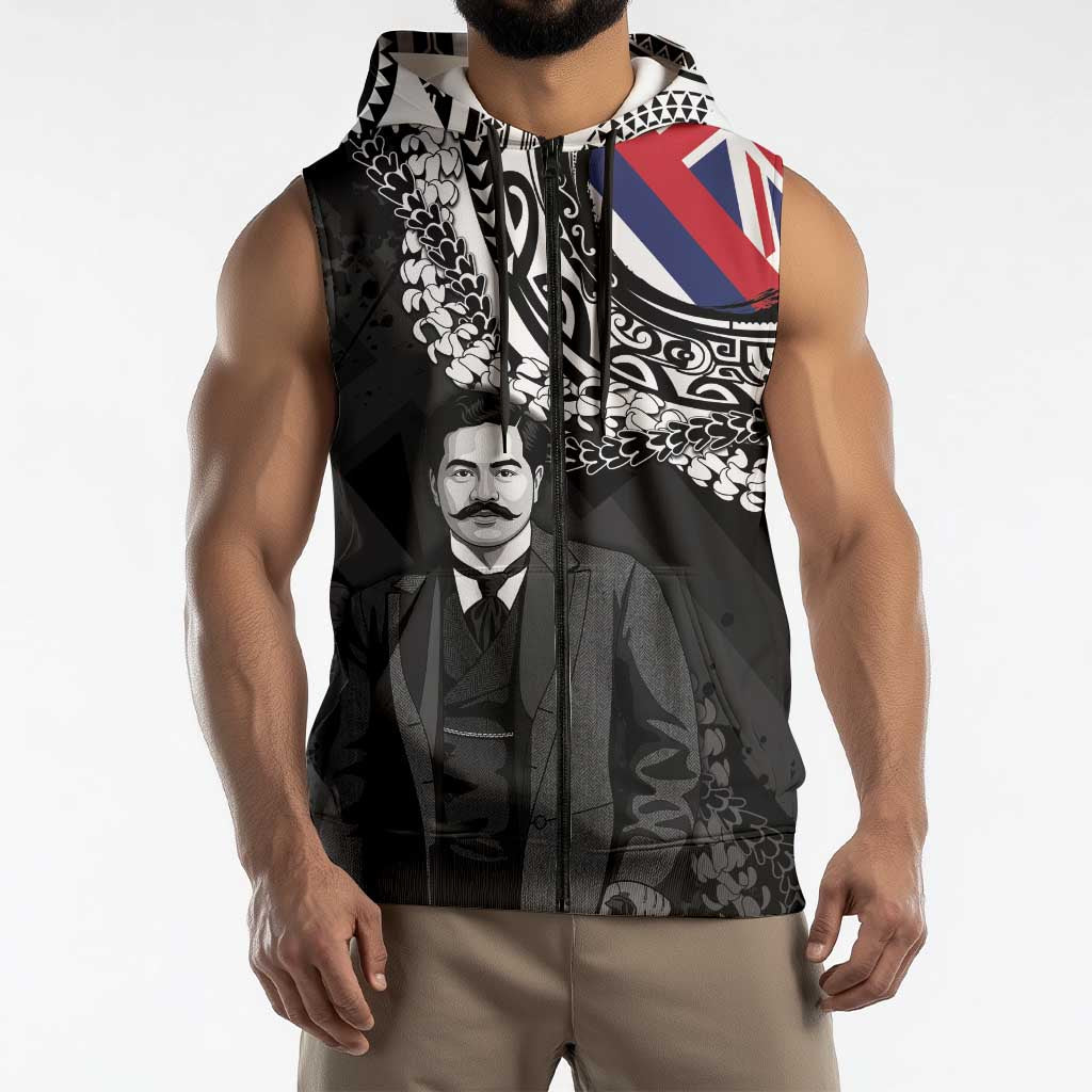 Personalised Hawaii Prince Kuhio Sleeveless Zip Hoodie Hawaiian Maile Lei LT05 - Polynesian Pride