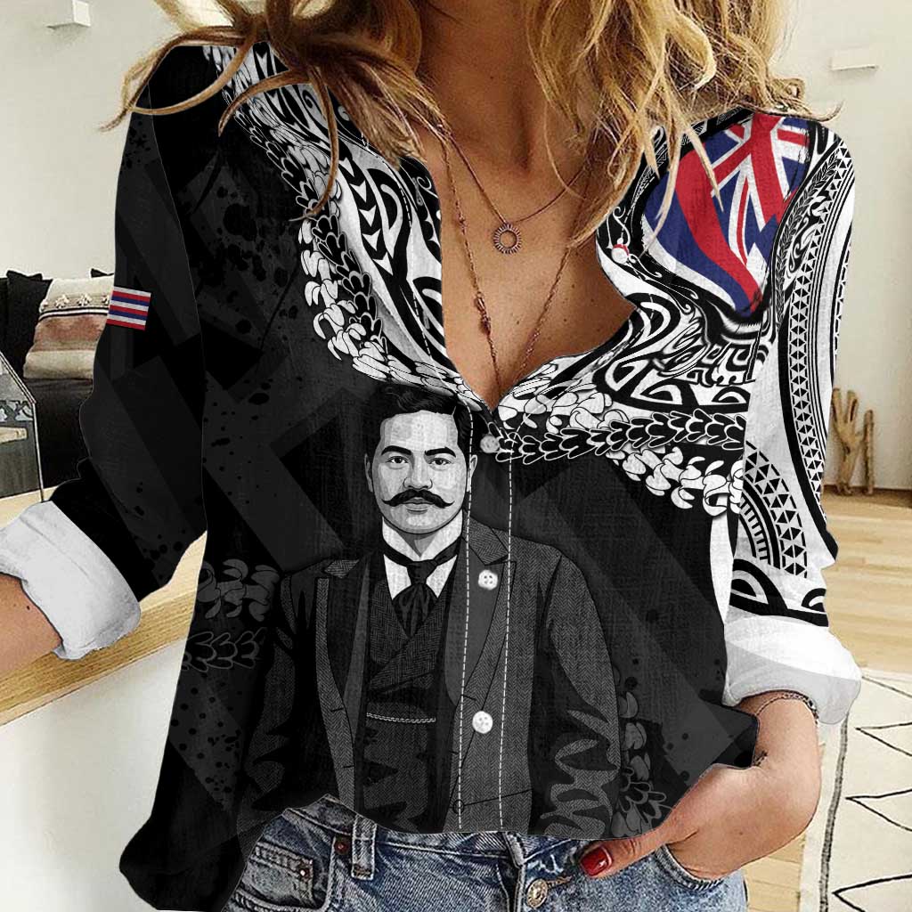 Personalised Hawaii Prince Kuhio Women Casual Shirt Hawaiian Maile Lei LT05 Female Black - Polynesian Pride