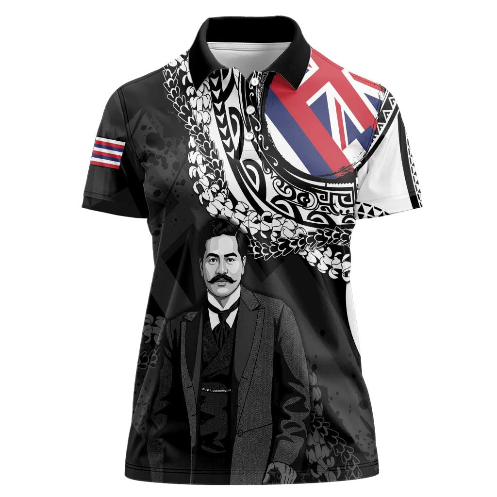 Personalised Hawaii Prince Kuhio Women Polo Shirt Hawaiian Maile Lei LT05 Female Black - Polynesian Pride
