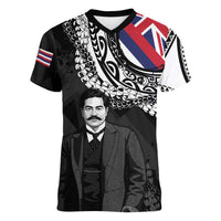 Personalised Hawaii Prince Kuhio Women V-Neck T-Shirt Hawaiian Maile Lei LT05 Female Black - Polynesian Pride