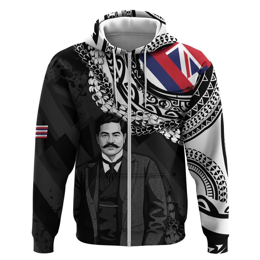 Personalised Hawaii Prince Kuhio Zip Hoodie Hawaiian Maile Lei LT05 Zip Hoodie Black - Polynesian Pride