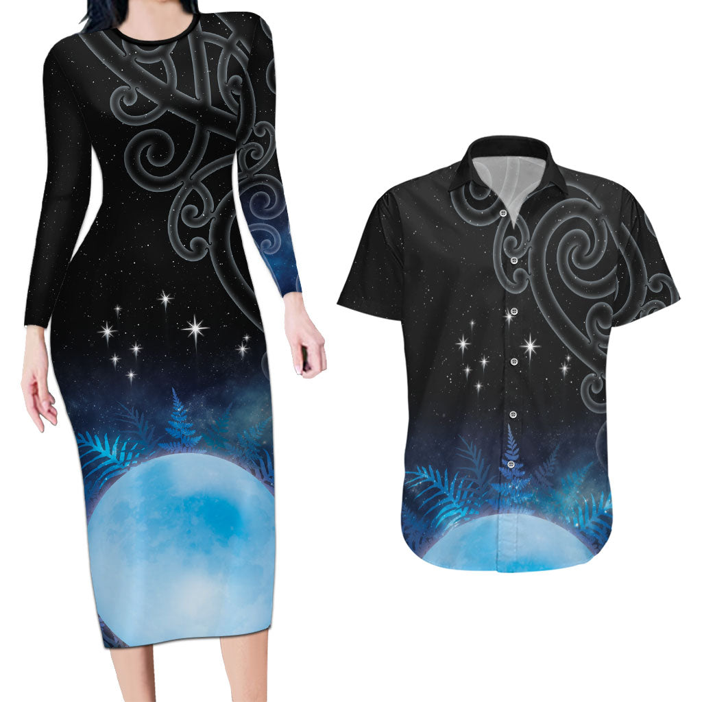 New Zealand Matariki Couples Matching Long Sleeve Bodycon Dress and Hawaiian Shirt Pleiades Star Cluster Blue Galaxy LT05 Blue - Polynesian Pride