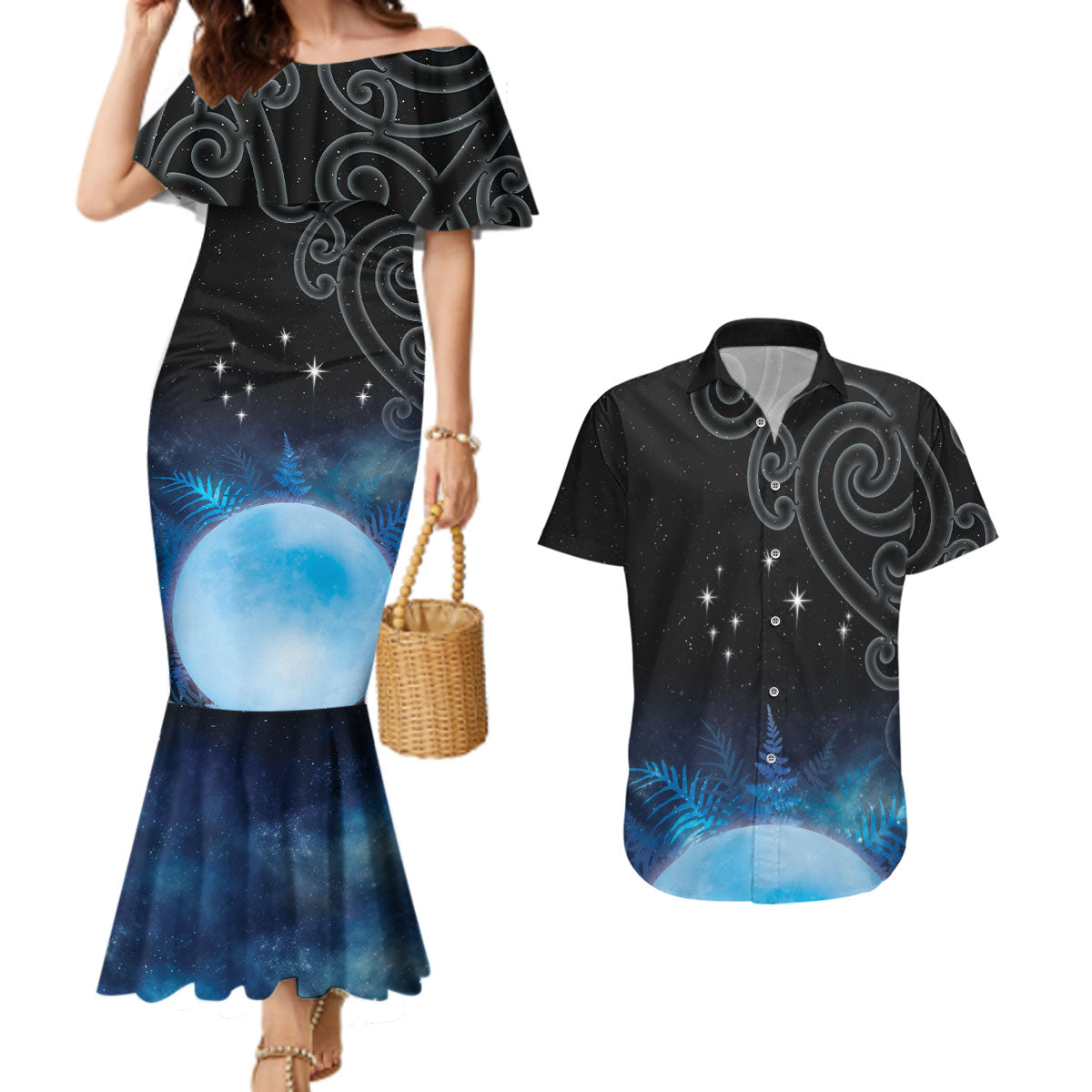 New Zealand Matariki Couples Matching Mermaid Dress and Hawaiian Shirt Pleiades Star Cluster Blue Galaxy