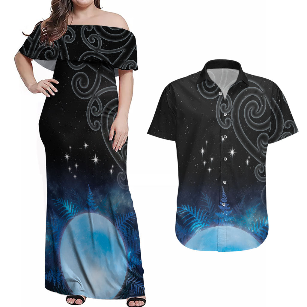 New Zealand Matariki Couples Matching Off Shoulder Maxi Dress and Hawaiian Shirt Pleiades Star Cluster Blue Galaxy