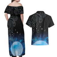 New Zealand Matariki Couples Matching Off Shoulder Maxi Dress and Hawaiian Shirt Pleiades Star Cluster Blue Galaxy