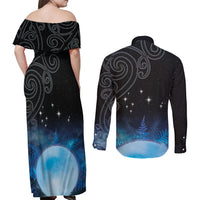 New Zealand Matariki Couples Matching Off Shoulder Maxi Dress and Long Sleeve Button Shirt Pleiades Star Cluster Blue Galaxy