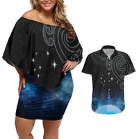 New Zealand Matariki Couples Matching Off Shoulder Short Dress and Hawaiian Shirt Pleiades Star Cluster Blue Galaxy