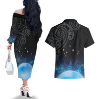 New Zealand Matariki Couples Matching Off The Shoulder Long Sleeve Dress and Hawaiian Shirt Pleiades Star Cluster Blue Galaxy