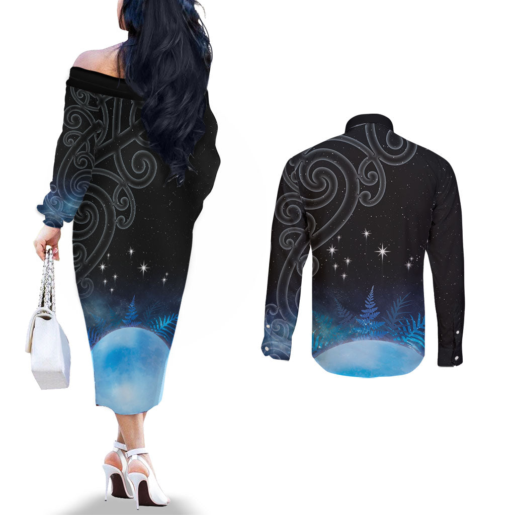 New Zealand Matariki Couples Matching Off The Shoulder Long Sleeve Dress and Long Sleeve Button Shirt Pleiades Star Cluster Blue Galaxy