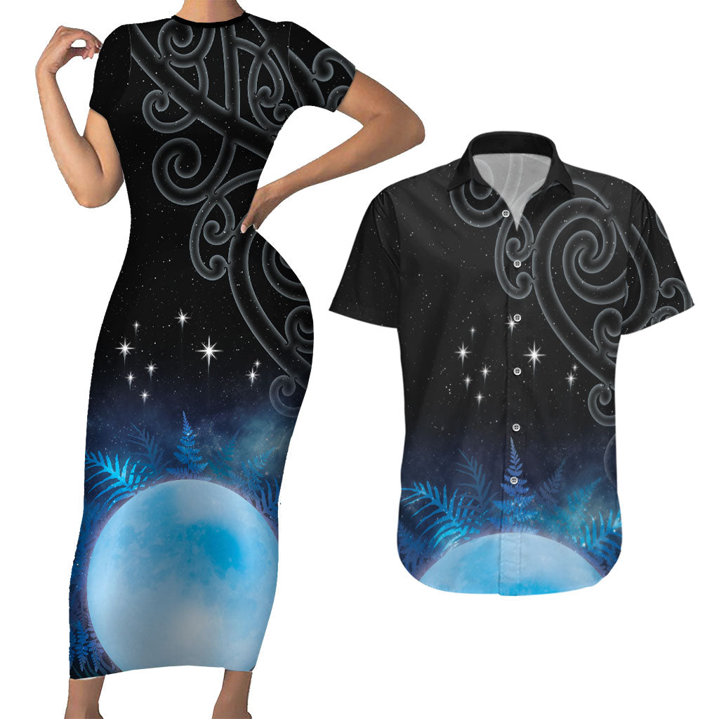 New Zealand Matariki Couples Matching Short Sleeve Bodycon Dress and Hawaiian Shirt Pleiades Star Cluster Blue Galaxy