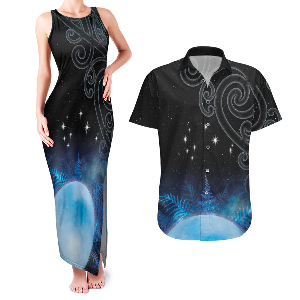 New Zealand Matariki Couples Matching Tank Maxi Dress and Hawaiian Shirt Pleiades Star Cluster Blue Galaxy LT05 Blue - Polynesian Pride
