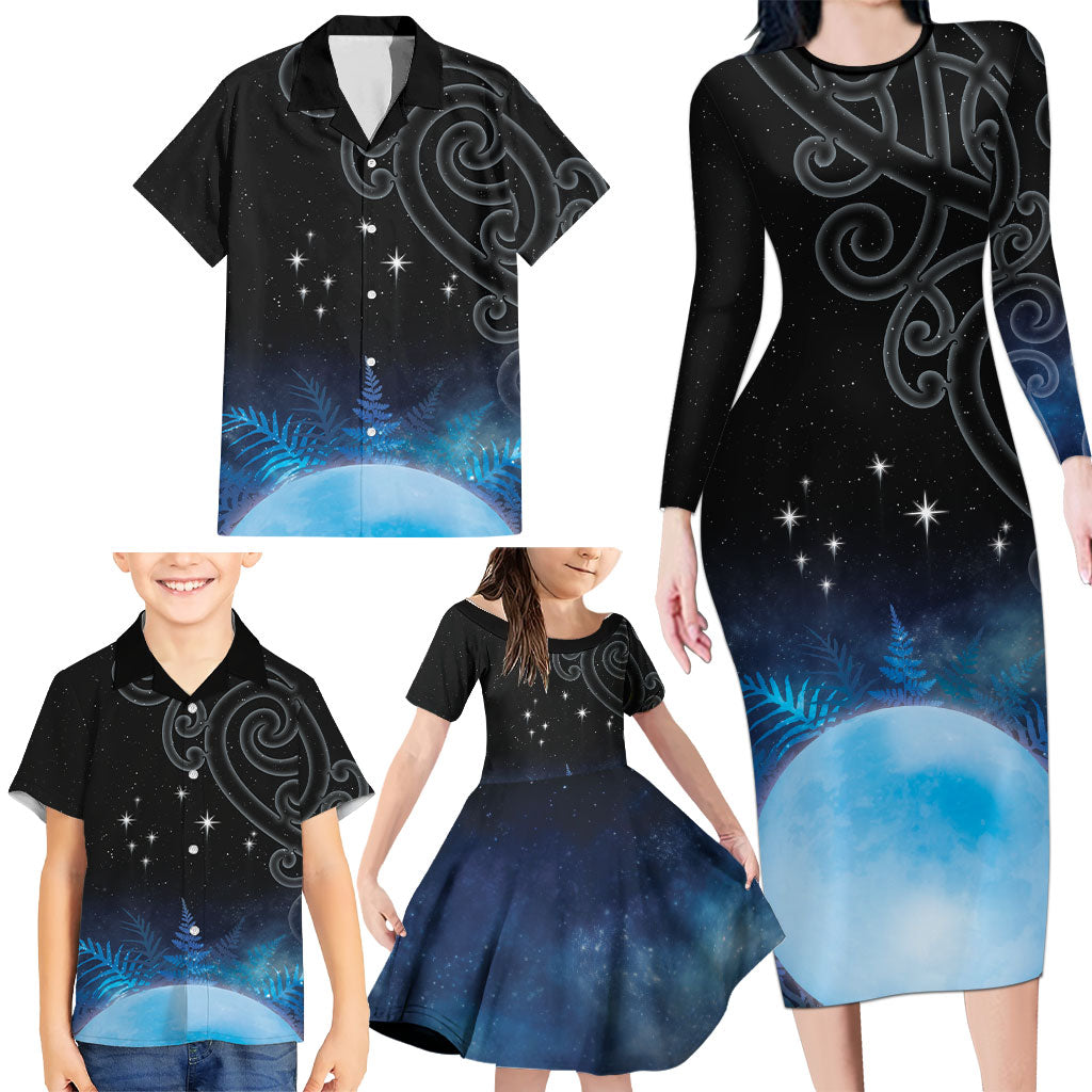 New Zealand Matariki Family Matching Long Sleeve Bodycon Dress and Hawaiian Shirt Pleiades Star Cluster Blue Galaxy LT05 - Polynesian Pride