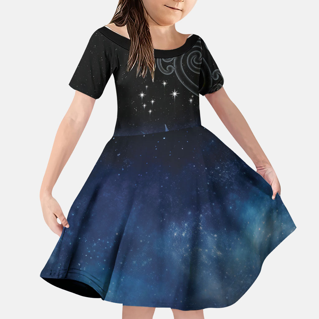 New Zealand Matariki Family Matching Off The Shoulder Long Sleeve Dress and Hawaiian Shirt Pleiades Star Cluster Blue Galaxy