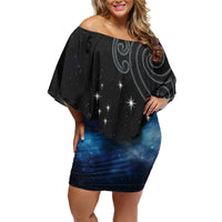 New Zealand Matariki Family Matching Off Shoulder Short Dress and Hawaiian Shirt Pleiades Star Cluster Blue Galaxy