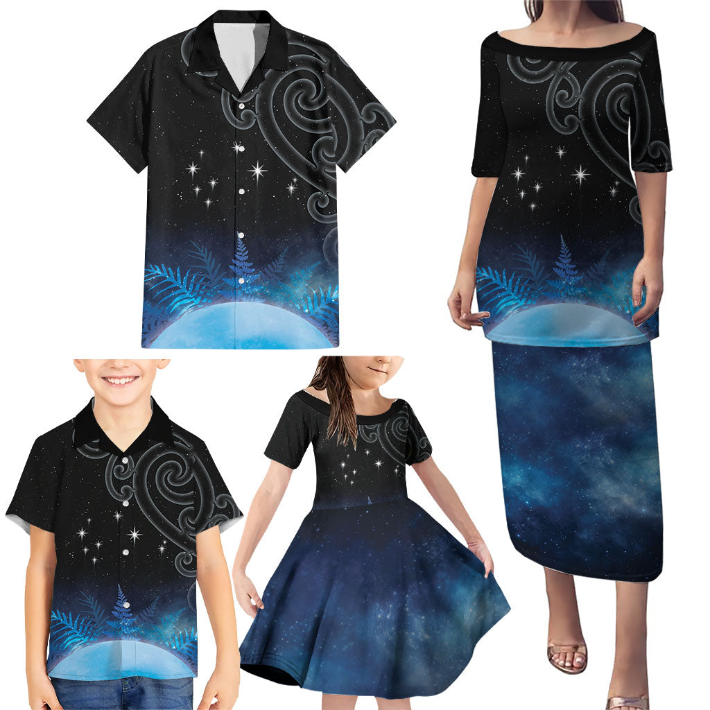 New Zealand Matariki Family Matching Puletasi and Hawaiian Shirt Pleiades Star Cluster Blue Galaxy