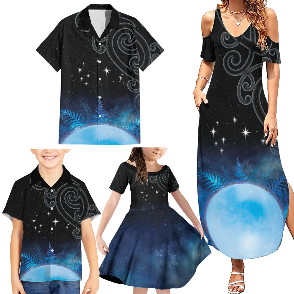 New Zealand Matariki Family Matching Summer Maxi Dress and Hawaiian Shirt Pleiades Star Cluster Blue Galaxy LT05 - Polynesian Pride