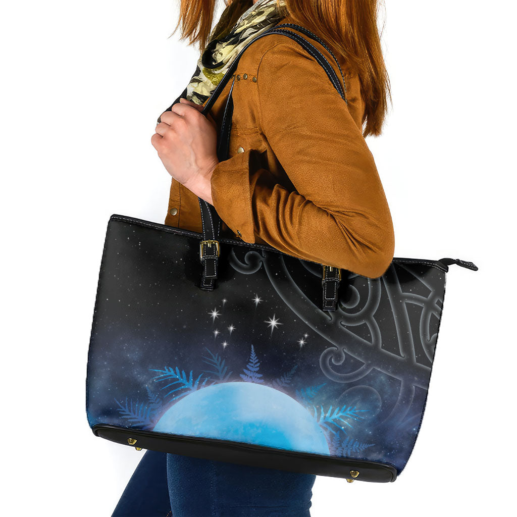 New Zealand Matariki Leather Tote Bag Pleiades Star Cluster Blue Galaxy