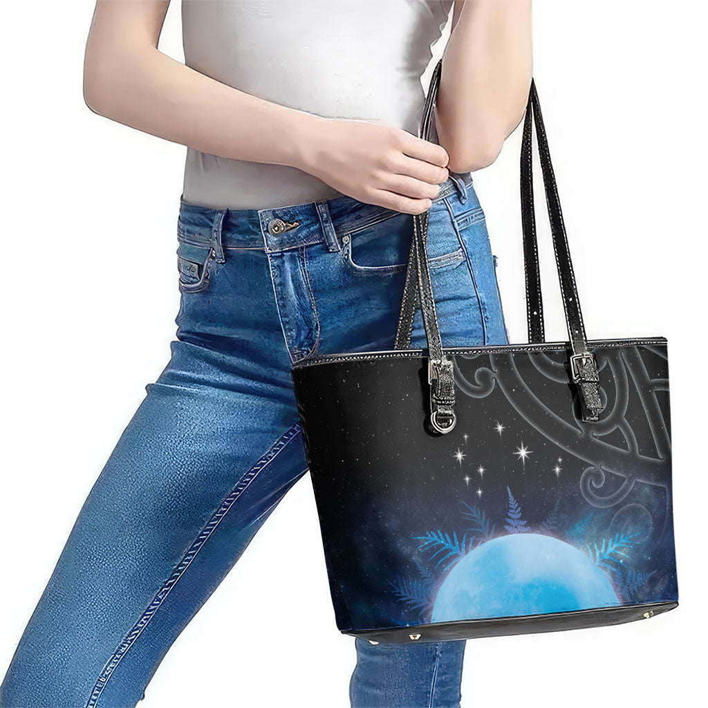 New Zealand Matariki Leather Tote Bag Pleiades Star Cluster Blue Galaxy