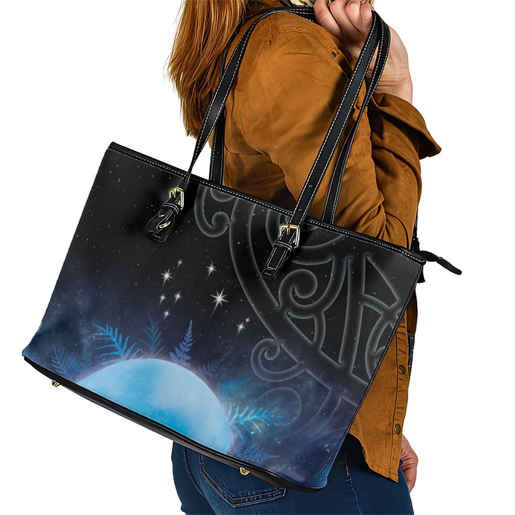 New Zealand Matariki Leather Tote Bag Pleiades Star Cluster Blue Galaxy