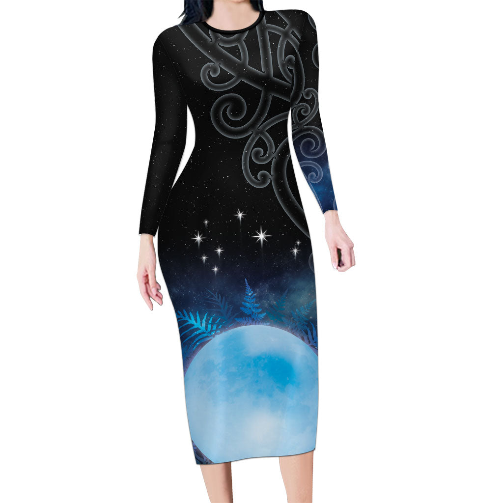 New Zealand Matariki Long Sleeve Bodycon Dress Pleiades Star Cluster Blue Galaxy LT05 Long Dress Blue - Polynesian Pride