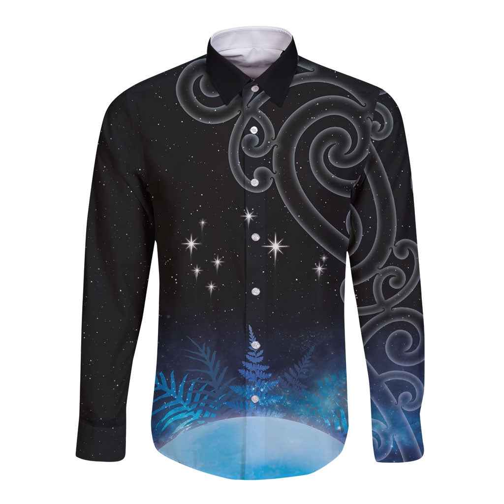 New Zealand Matariki Long Sleeve Button Shirt Pleiades Star Cluster Blue Galaxy LT05 Unisex Blue - Polynesian Pride