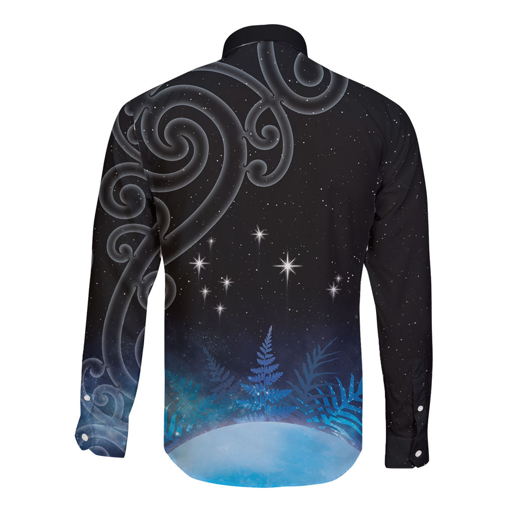 New Zealand Matariki Long Sleeve Button Shirt Pleiades Star Cluster Blue Galaxy