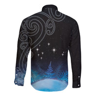 New Zealand Matariki Long Sleeve Button Shirt Pleiades Star Cluster Blue Galaxy