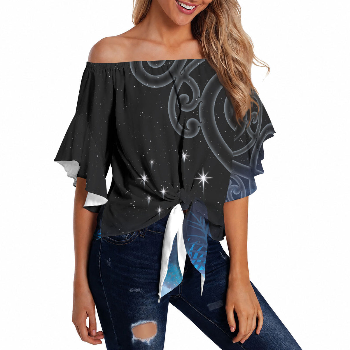 New Zealand Matariki Off Shoulder Wrap Waist Top Pleiades Star Cluster Blue Galaxy LT05 - Polynesian Pride