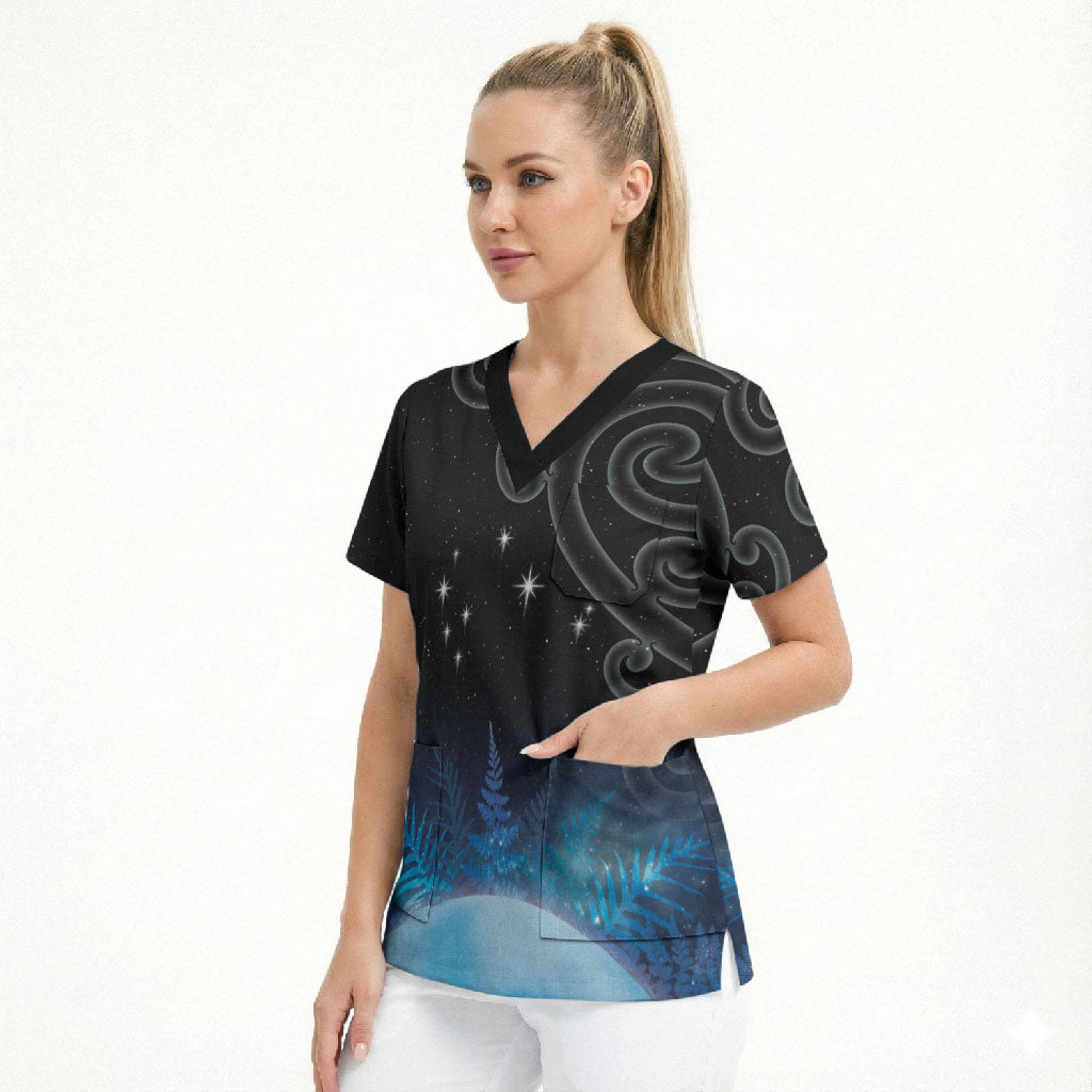 New Zealand Matariki Scrub Top Pleiades Star Cluster Blue Galaxy LT05 - Polynesian Pride