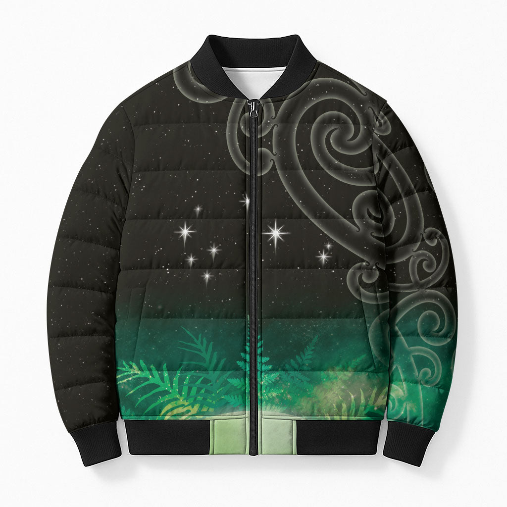 New Zealand Matariki Bomber Puffer Jacket Pleiades Star Cluster Green Galaxy LT05 Unisex Green - Polynesian Pride