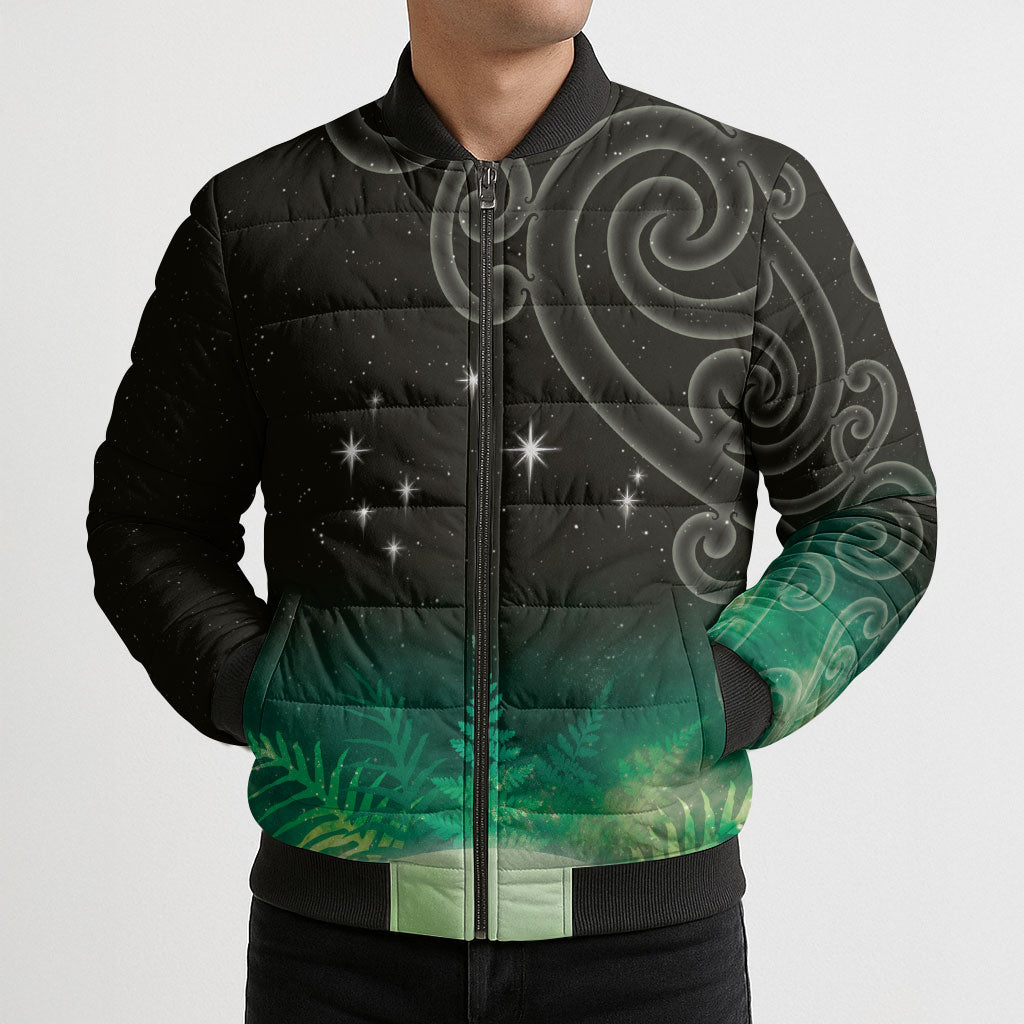 New Zealand Matariki Bomber Puffer Jacket Pleiades Star Cluster Green Galaxy LT05 - Polynesian Pride