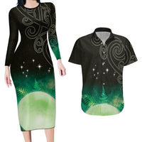 New Zealand Matariki Couples Matching Long Sleeve Bodycon Dress and Hawaiian Shirt Pleiades Star Cluster Green Galaxy