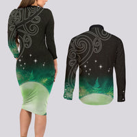 New Zealand Matariki Couples Matching Long Sleeve Bodycon Dress and Long Sleeve Button Shirt Pleiades Star Cluster Green Galaxy