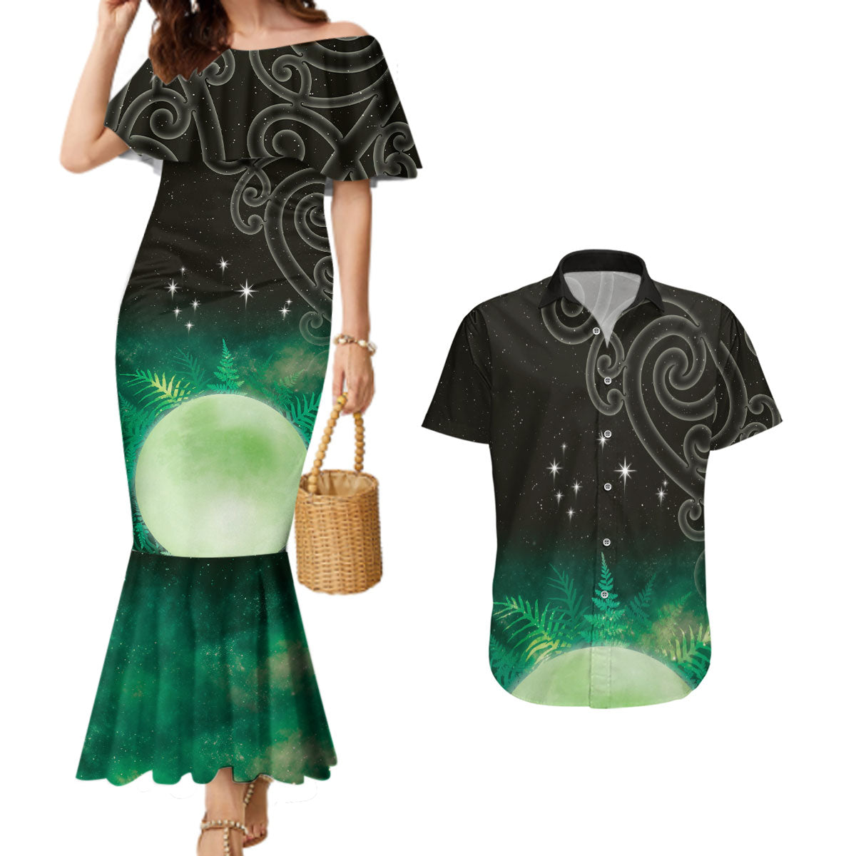 New Zealand Matariki Couples Matching Mermaid Dress and Hawaiian Shirt Pleiades Star Cluster Green Galaxy LT05 Green - Polynesian Pride