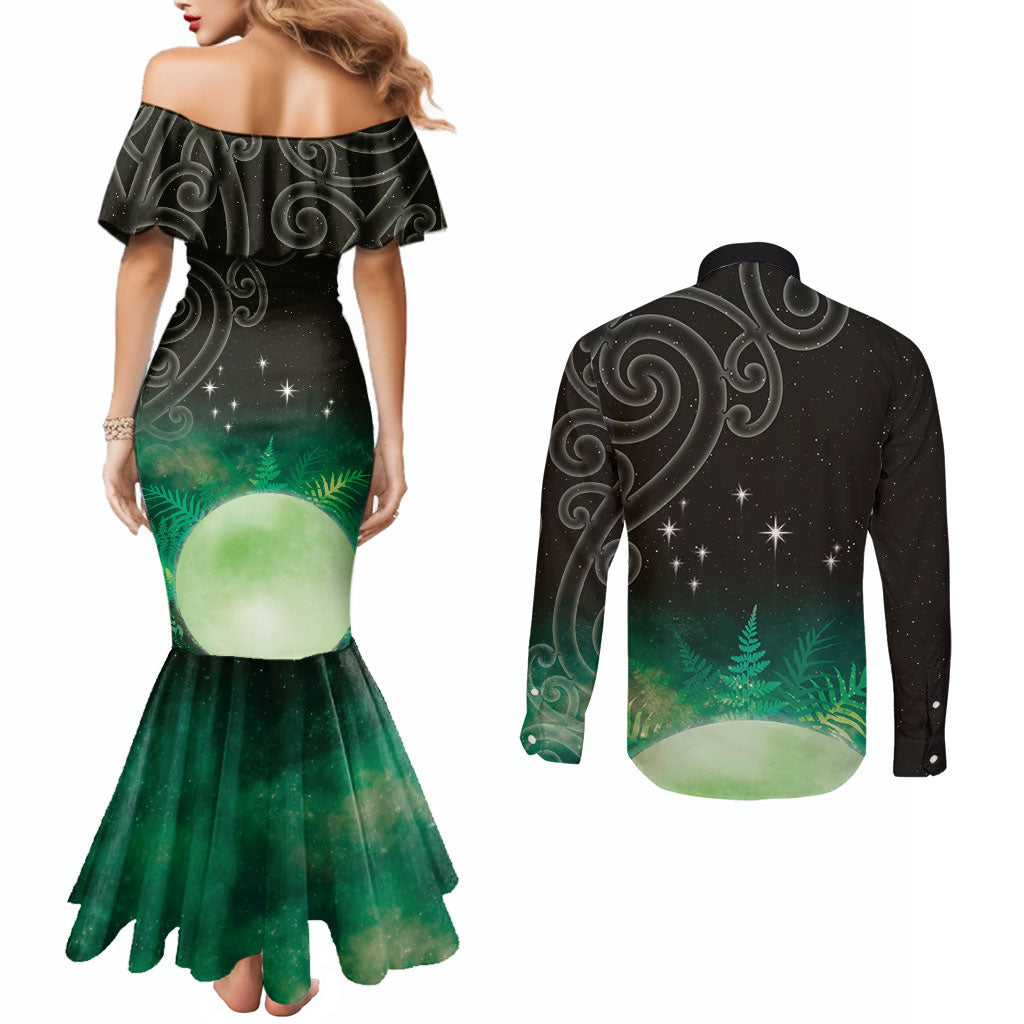 New Zealand Matariki Couples Matching Mermaid Dress and Long Sleeve Button Shirt Pleiades Star Cluster Green Galaxy