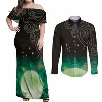 New Zealand Matariki Couples Matching Off Shoulder Maxi Dress and Long Sleeve Button Shirt Pleiades Star Cluster Green Galaxy