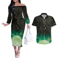 New Zealand Matariki Couples Matching Off The Shoulder Long Sleeve Dress and Hawaiian Shirt Pleiades Star Cluster Green Galaxy
