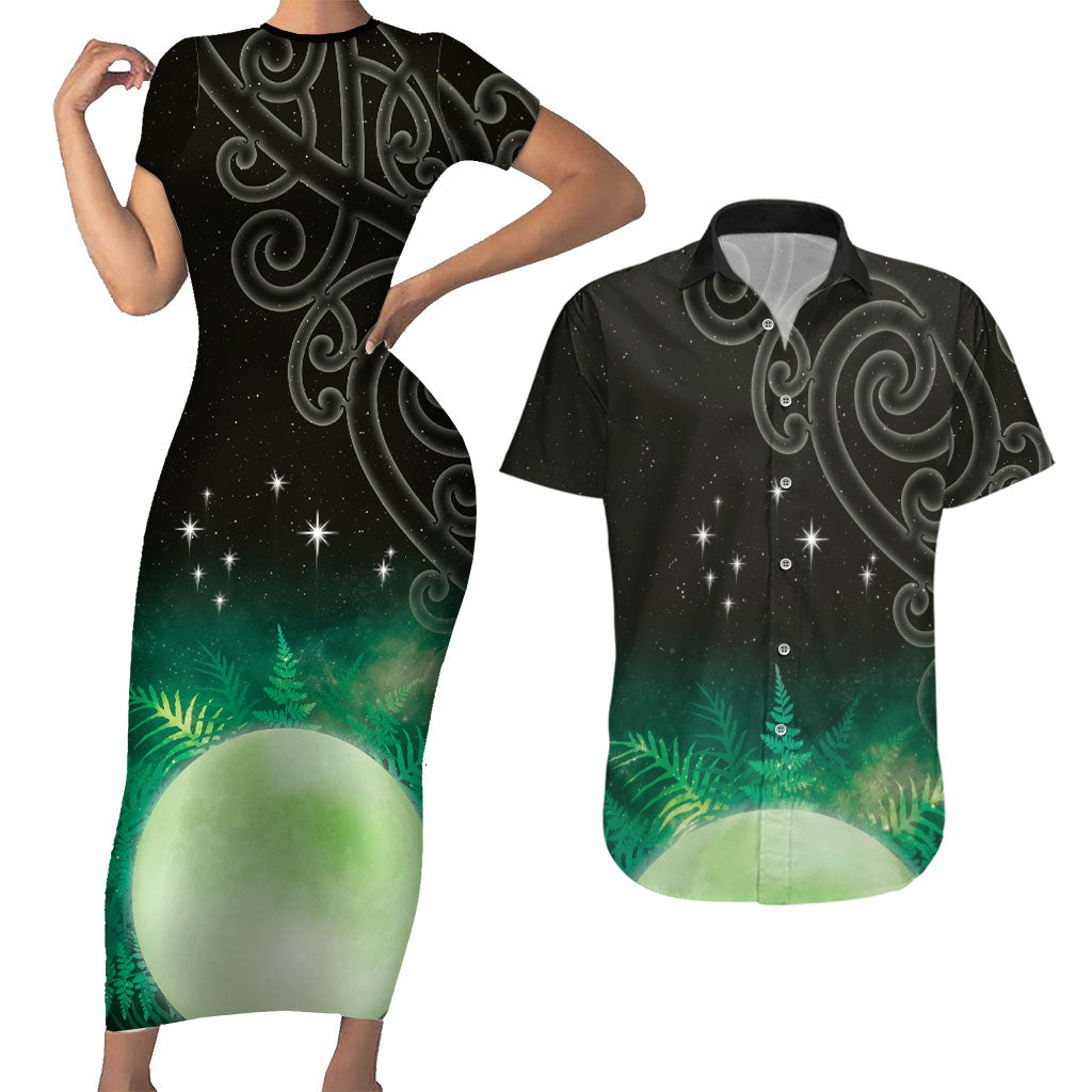 New Zealand Matariki Couples Matching Short Sleeve Bodycon Dress and Hawaiian Shirt Pleiades Star Cluster Green Galaxy