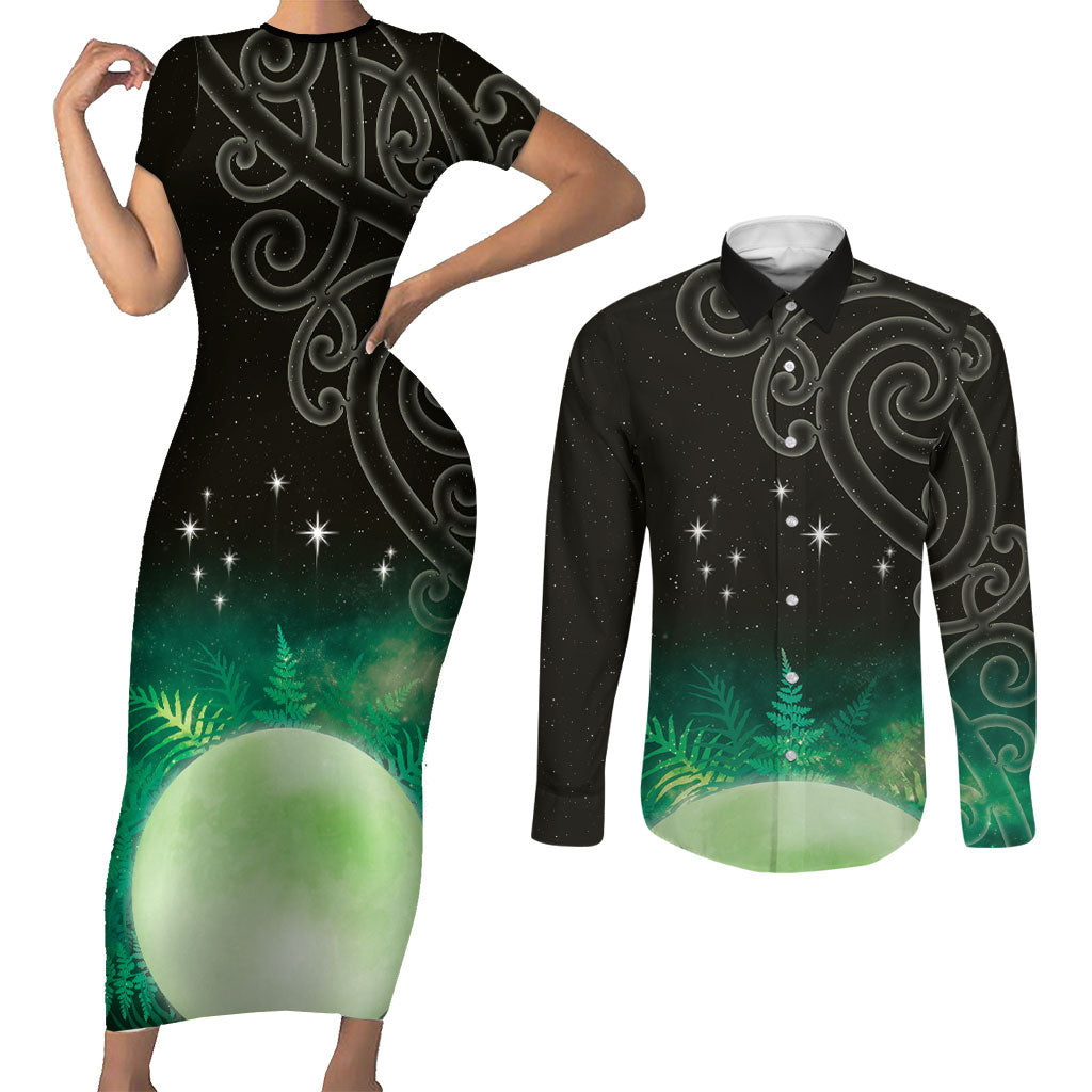 New Zealand Matariki Couples Matching Short Sleeve Bodycon Dress and Long Sleeve Button Shirt Pleiades Star Cluster Green Galaxy LT05 Green - Polynesian Pride