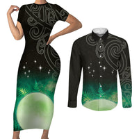 New Zealand Matariki Couples Matching Short Sleeve Bodycon Dress and Long Sleeve Button Shirt Pleiades Star Cluster Green Galaxy