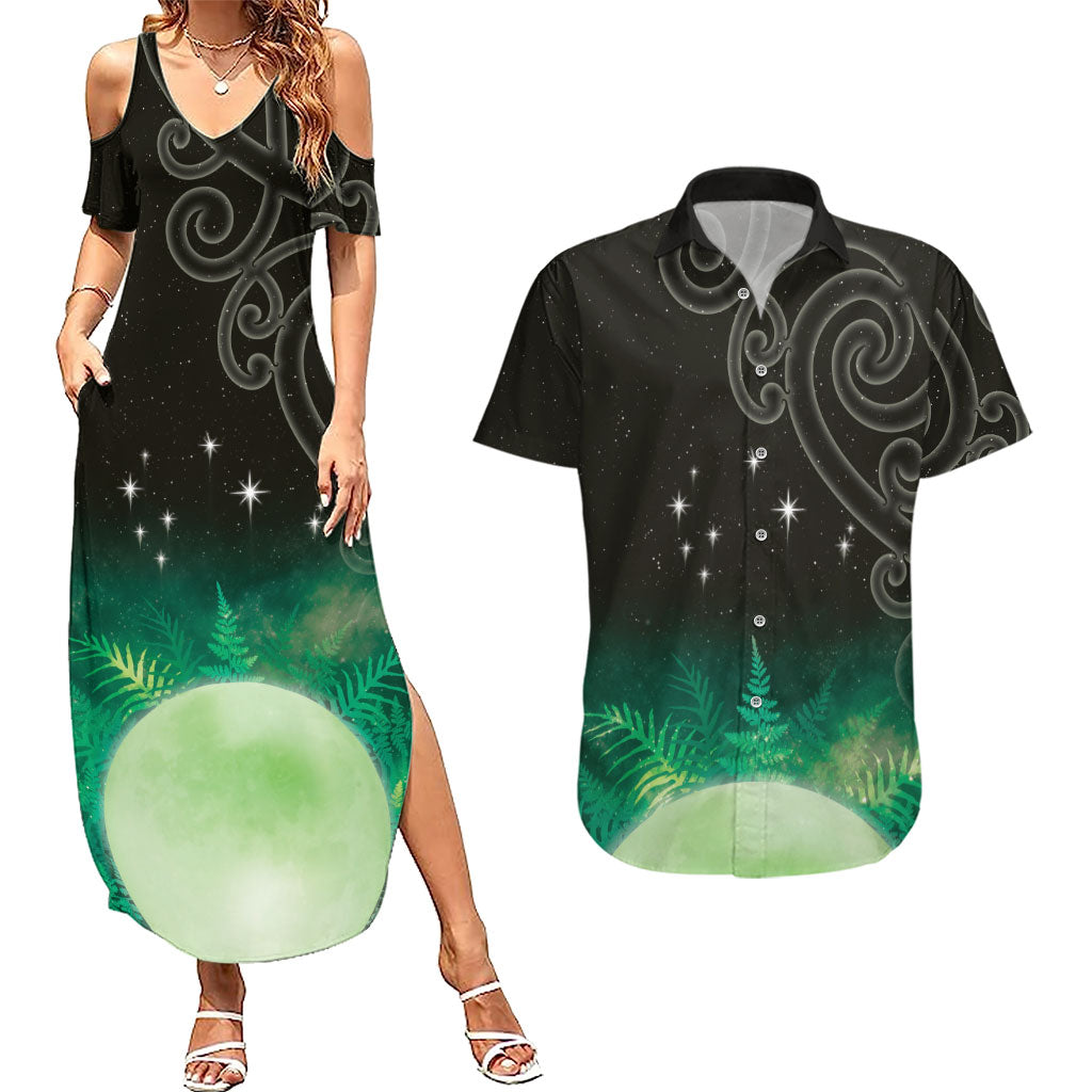 New Zealand Matariki Couples Matching Summer Maxi Dress and Hawaiian Shirt Pleiades Star Cluster Green Galaxy