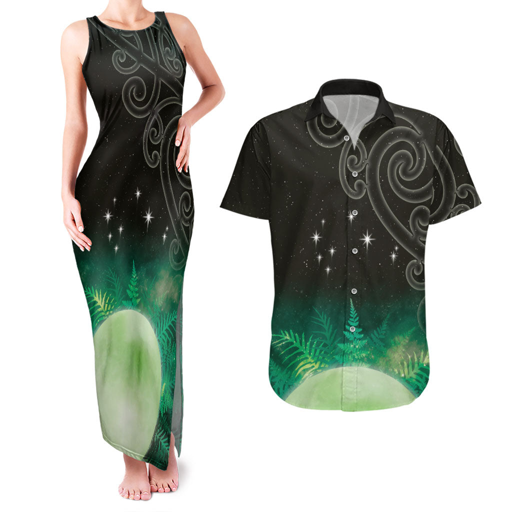 New Zealand Matariki Couples Matching Tank Maxi Dress and Hawaiian Shirt Pleiades Star Cluster Green Galaxy LT05 Green - Polynesian Pride