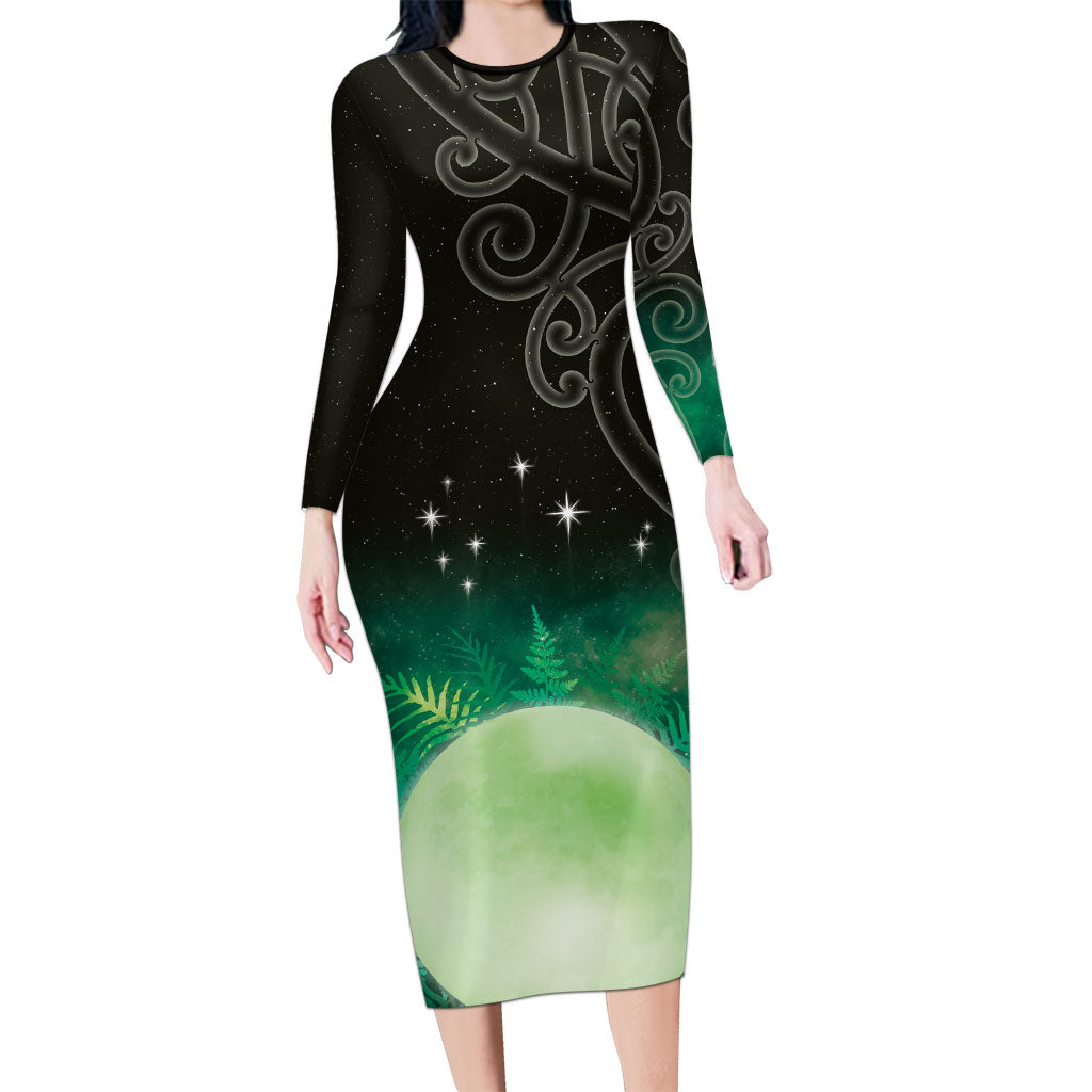 New Zealand Matariki Family Matching Long Sleeve Bodycon Dress and Hawaiian Shirt Pleiades Star Cluster Green Galaxy