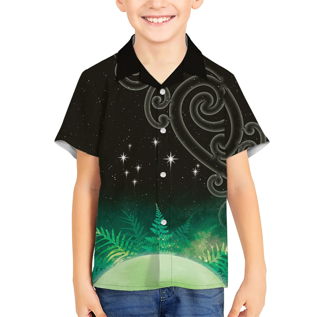 New Zealand Matariki Family Matching Long Sleeve Bodycon Dress and Hawaiian Shirt Pleiades Star Cluster Green Galaxy