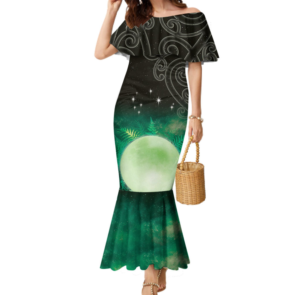 New Zealand Matariki Family Matching Mermaid Dress and Hawaiian Shirt Pleiades Star Cluster Green Galaxy