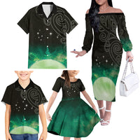 New Zealand Matariki Family Matching Off The Shoulder Long Sleeve Dress and Hawaiian Shirt Pleiades Star Cluster Green Galaxy