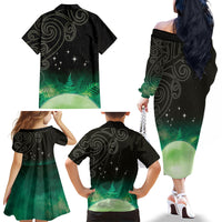 New Zealand Matariki Family Matching Off The Shoulder Long Sleeve Dress and Hawaiian Shirt Pleiades Star Cluster Green Galaxy